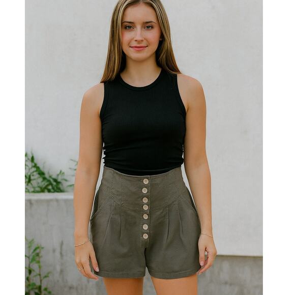 Free People SZ 00 100% Cotton Olive Green High Rise Button Front Shorts - Picture 1 of 7